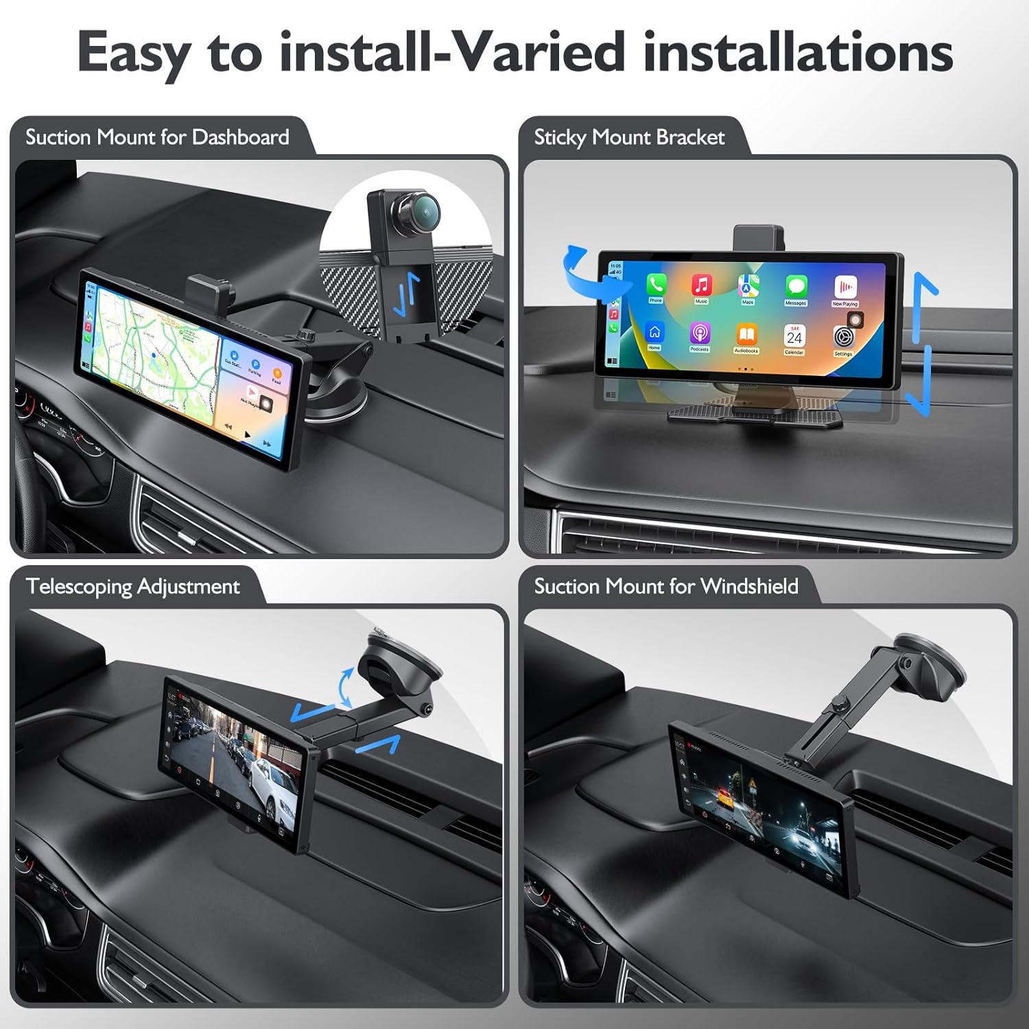 10.26" Wireless CarPlay Screen – 4K HD Touch, Dash Cam, Backup Camera, Android Auto, Bluetooth, GPS