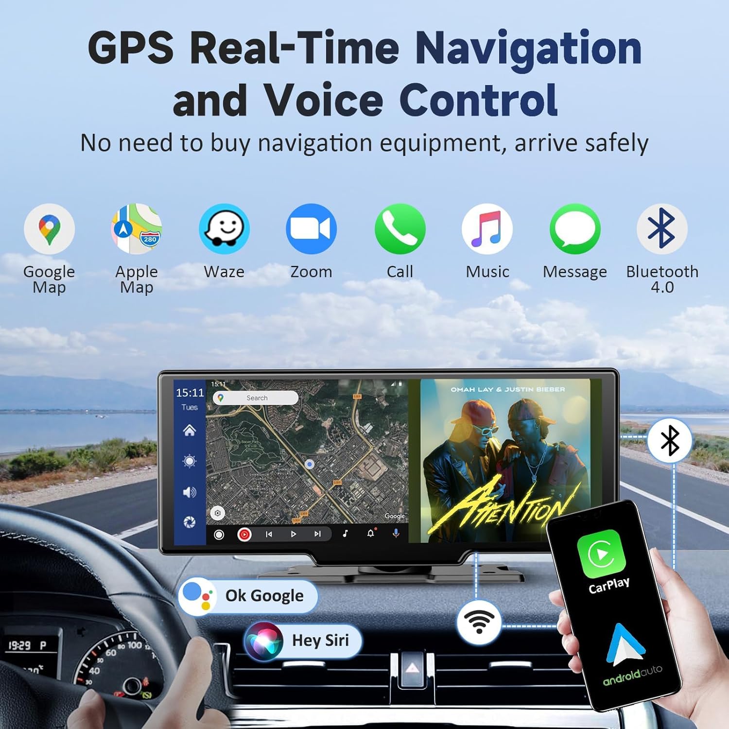 10.26" Portable CarPlay Screen – Android Auto, 4K Dash Cam, GPS, Bluetooth