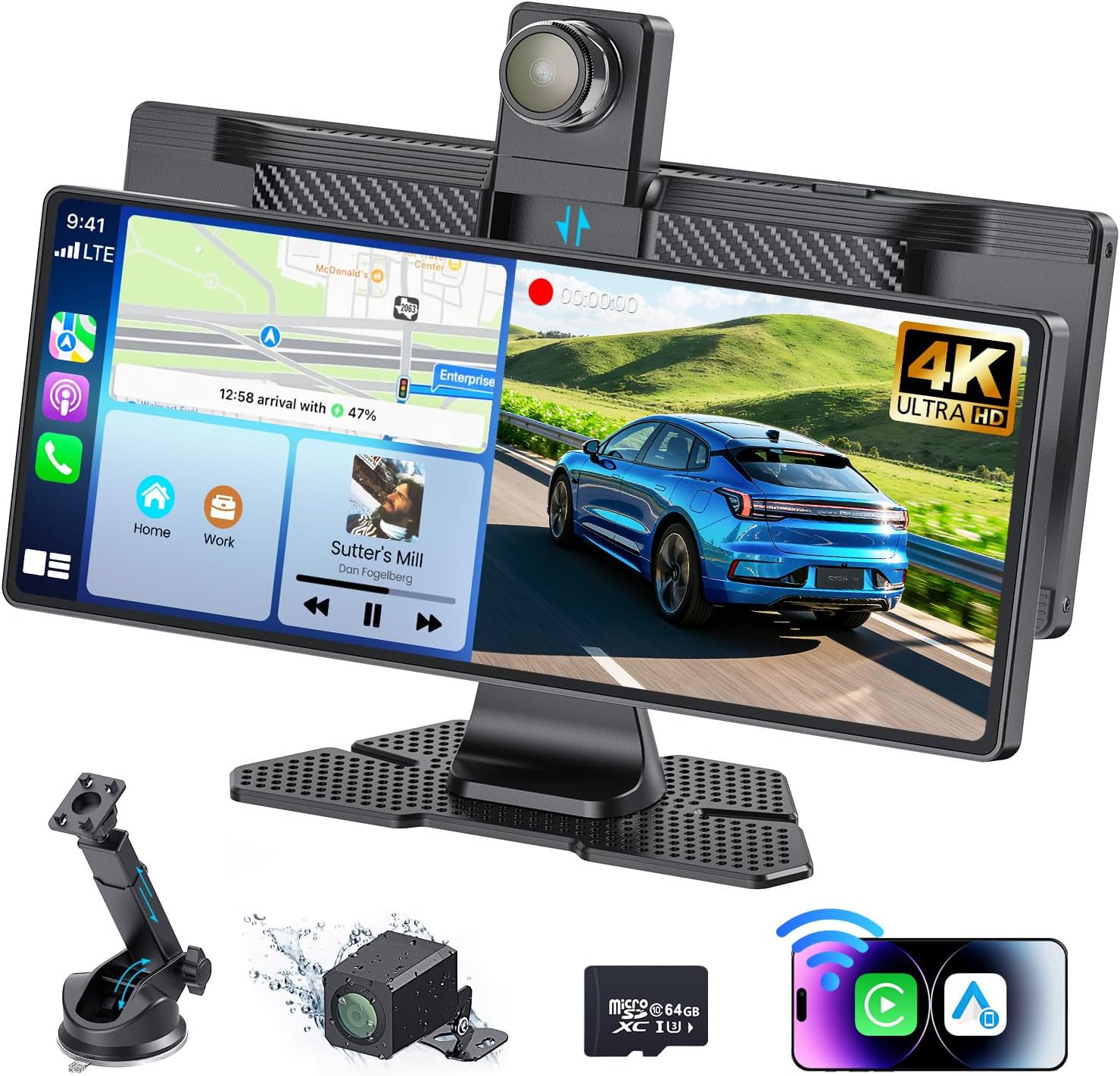 10.26" Wireless CarPlay Screen – 4K HD Touch, Dash Cam, Backup Camera, Android Auto, Bluetooth, GPS