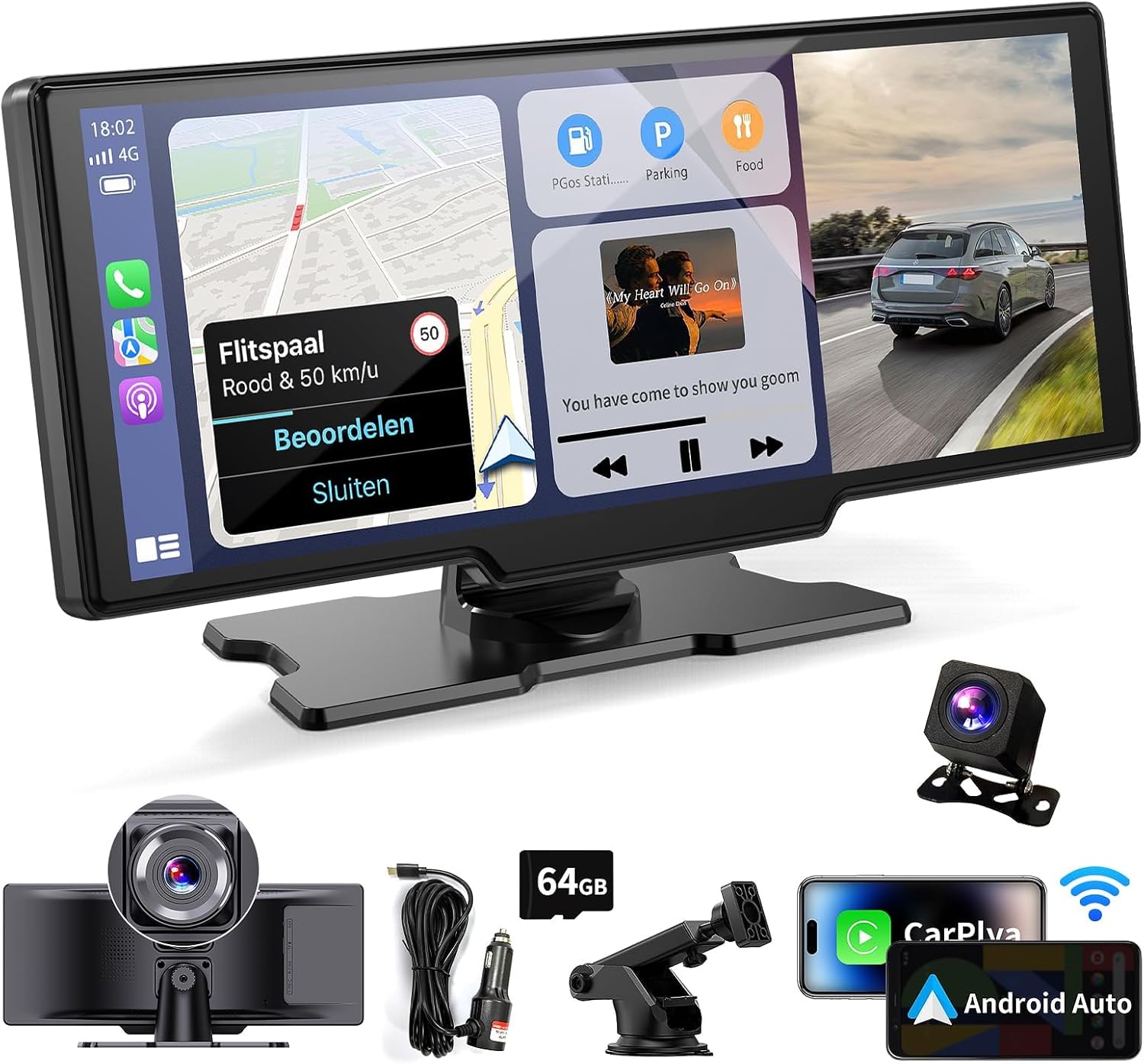 10.26" Portable CarPlay Screen – Android Auto, 4K Dash Cam, GPS, Bluetooth