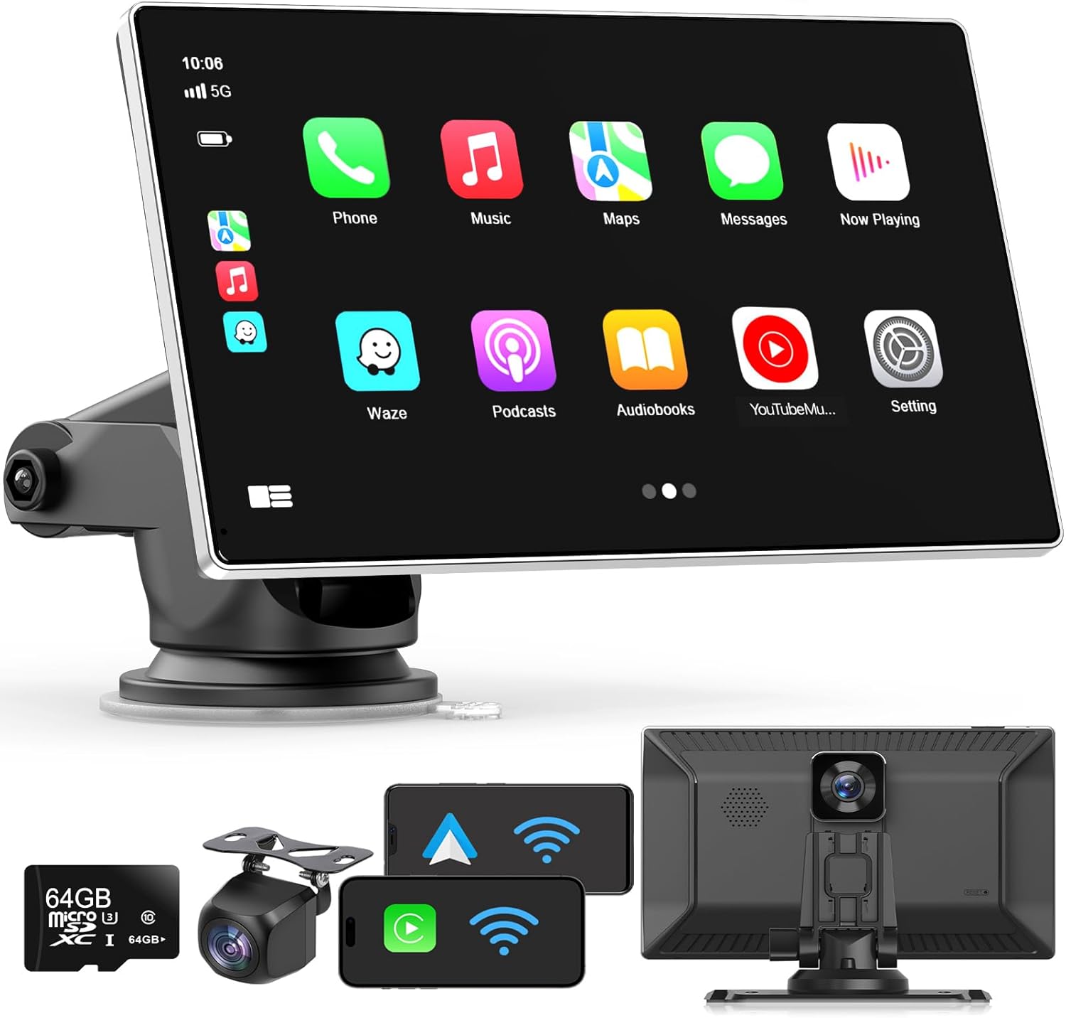 Apple CarPlay Screen for Car – 9" Wireless Android Auto, 4K Dash Cam