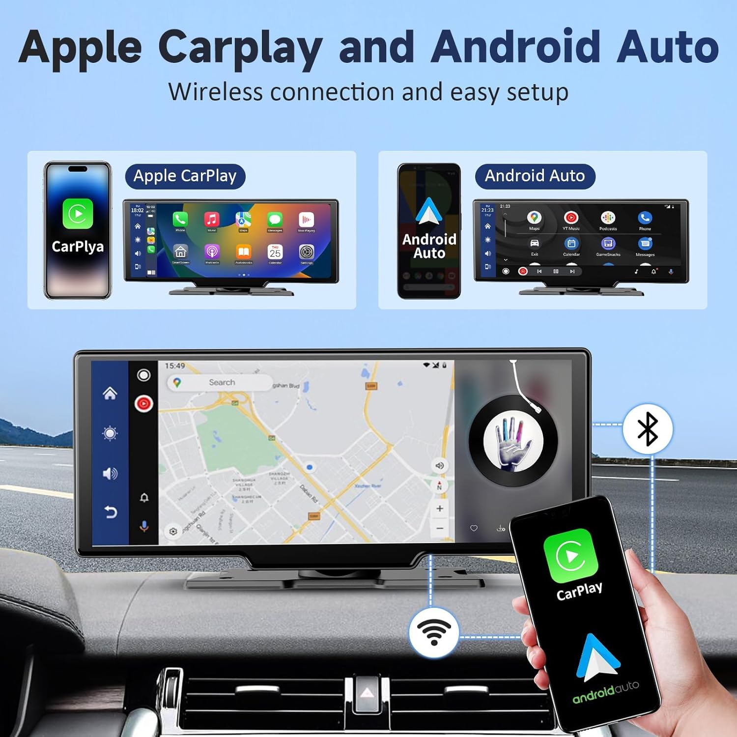 10.26" Portable CarPlay Screen – Android Auto, 4K Dash Cam, GPS, Bluetooth