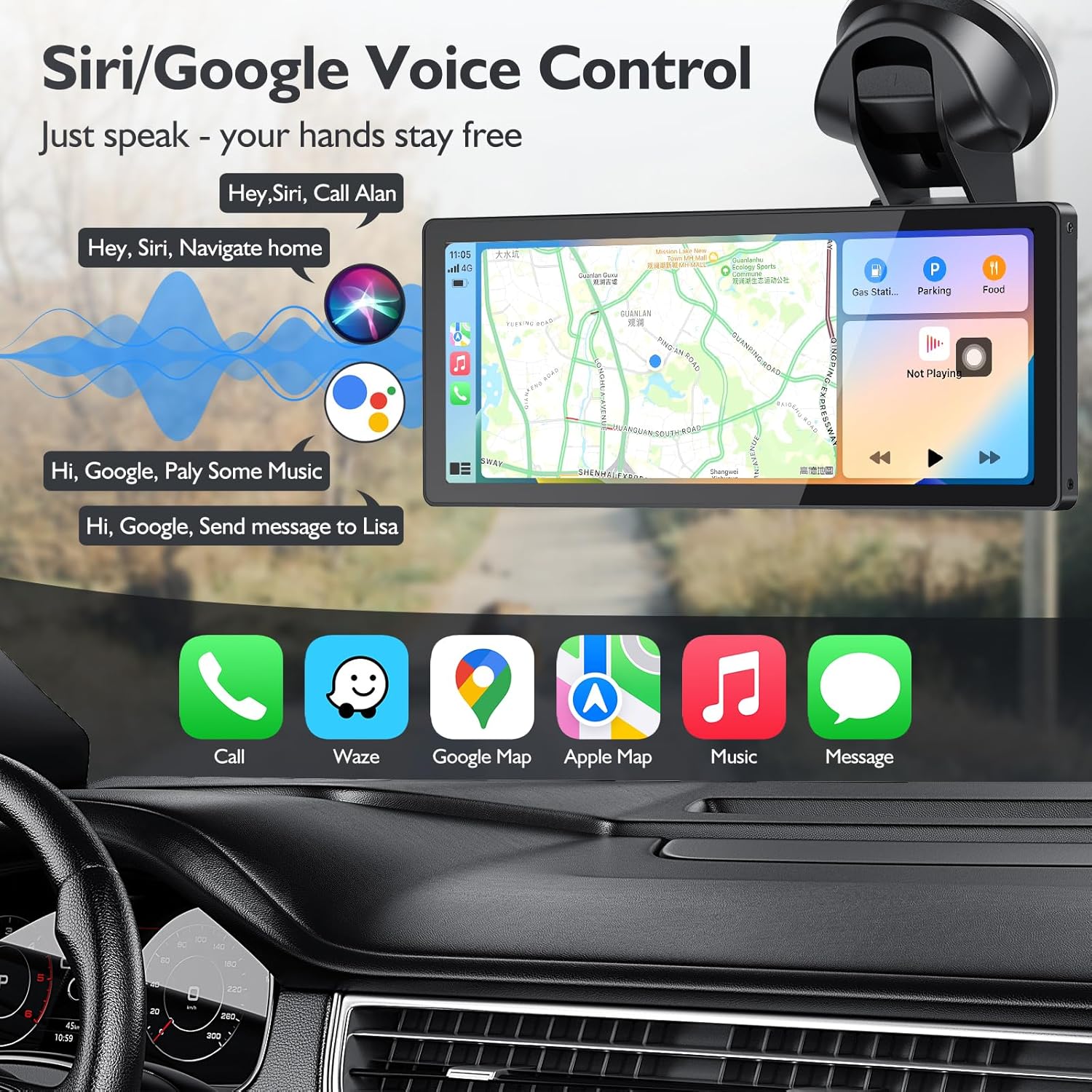 10.26" Wireless CarPlay Screen – 4K HD Touch, Dash Cam, Backup Camera, Android Auto, Bluetooth, GPS