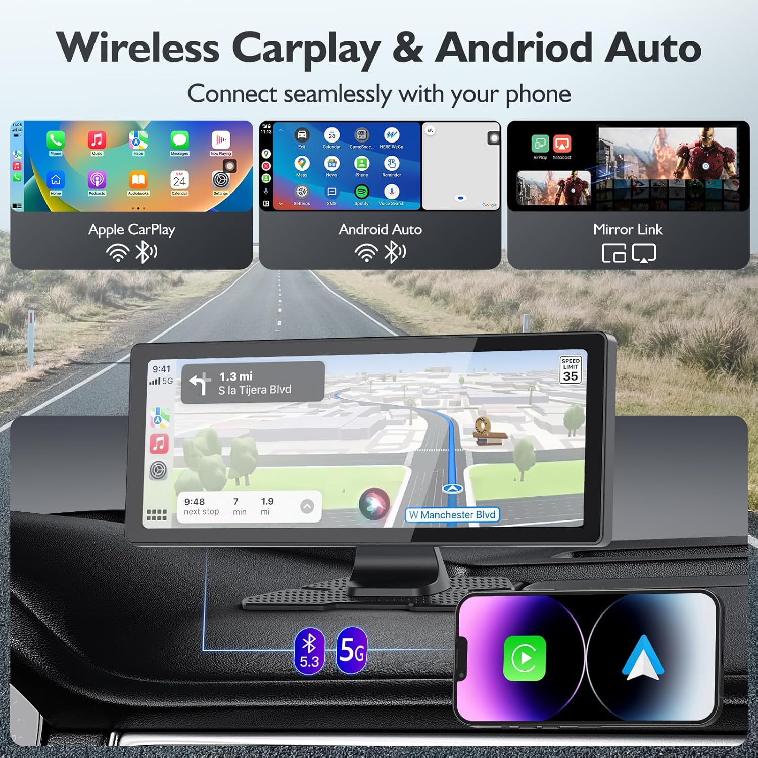10.26" Wireless CarPlay Screen – 4K HD Touch, Dash Cam, Backup Camera, Android Auto, Bluetooth, GPS