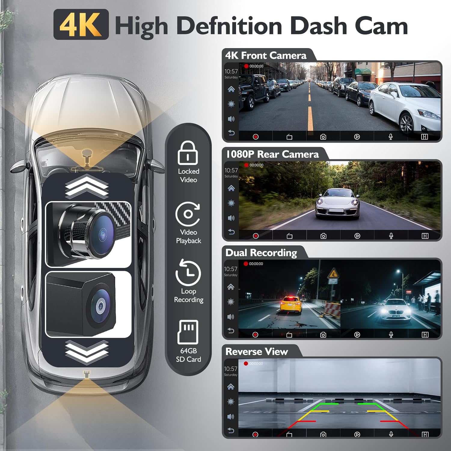 10.26" Wireless CarPlay Screen – 4K HD Touch, Dash Cam, Backup Camera, Android Auto, Bluetooth, GPS