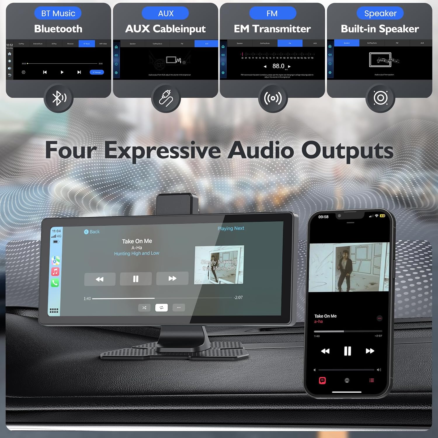 10.26" Wireless CarPlay Screen – 4K HD Touch, Dash Cam, Backup Camera, Android Auto, Bluetooth, GPS